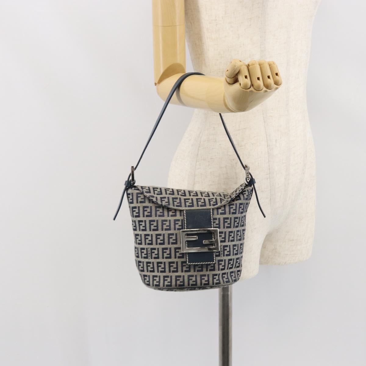 FENDI Zucchino Canvas Mamma Baguette Hand Bag Navy Silver Auth 157532