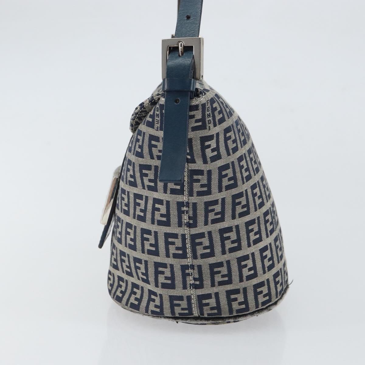 FENDI Zucchino Canvas Mamma Baguette Hand Bag Navy Silver Auth 157532