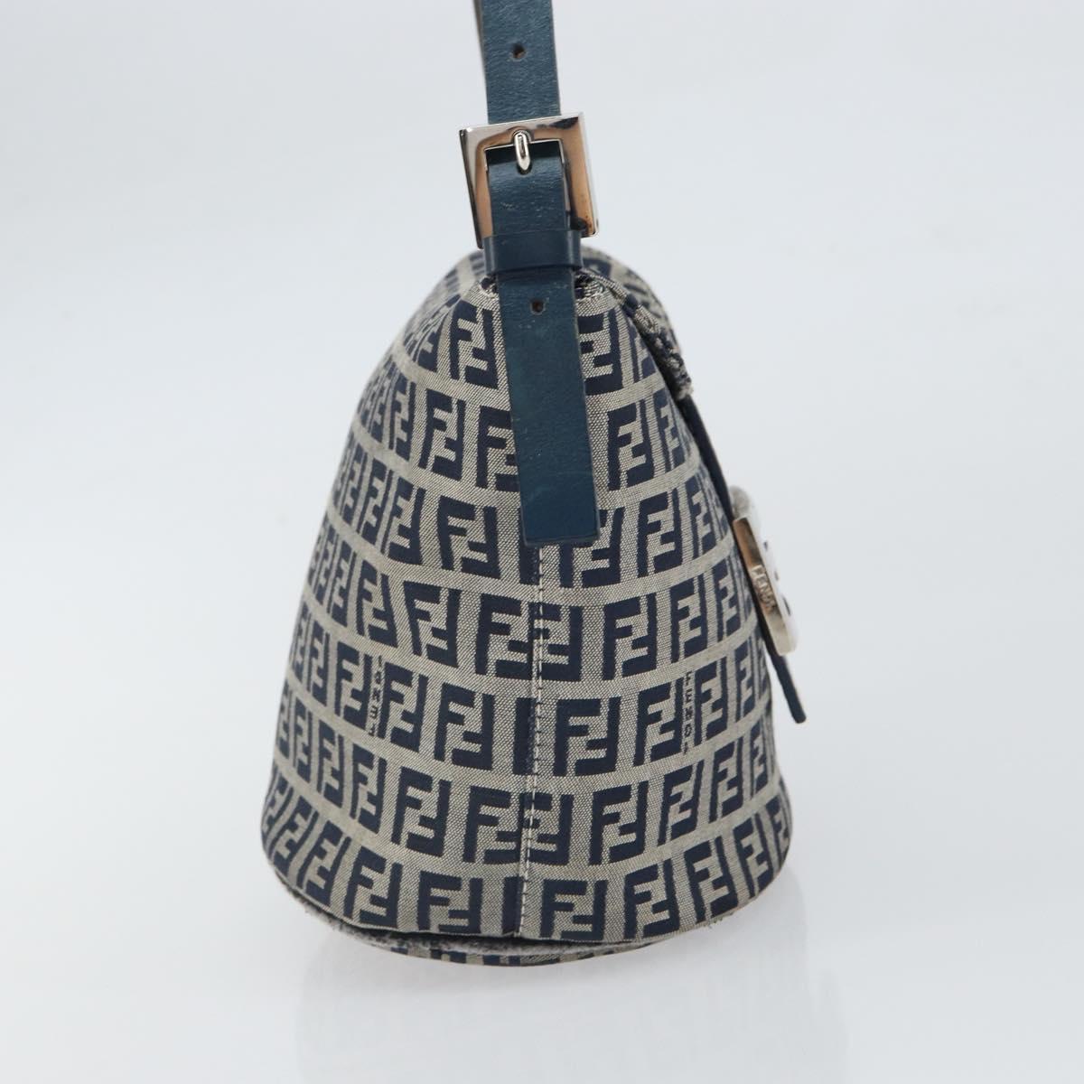 FENDI Zucchino Canvas Mamma Baguette Hand Bag Navy Silver Auth 157532