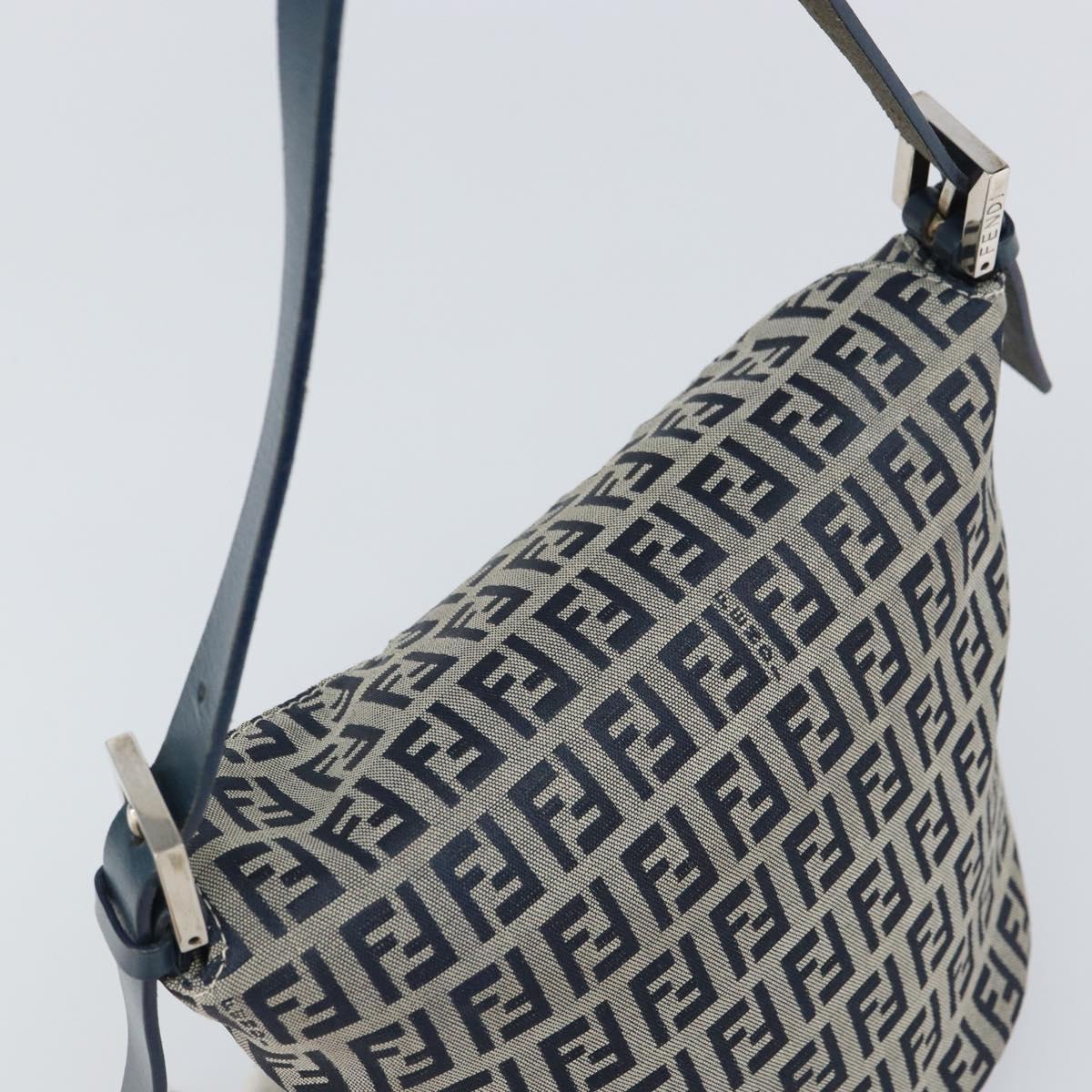 FENDI Zucchino Canvas Mamma Baguette Hand Bag Navy Silver Auth 157532