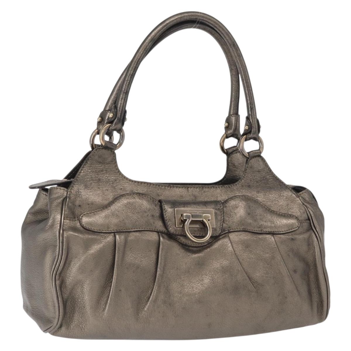 Salvatore Ferragamo Gancini Hand Bag Leather Gold Auth 157533