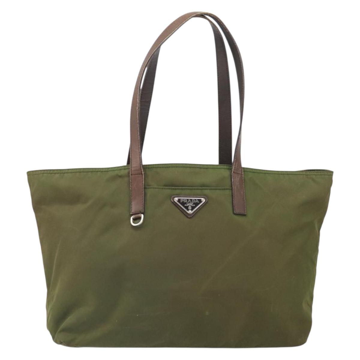 PRADA Tote Bag Nylon Green Silver Auth 157537