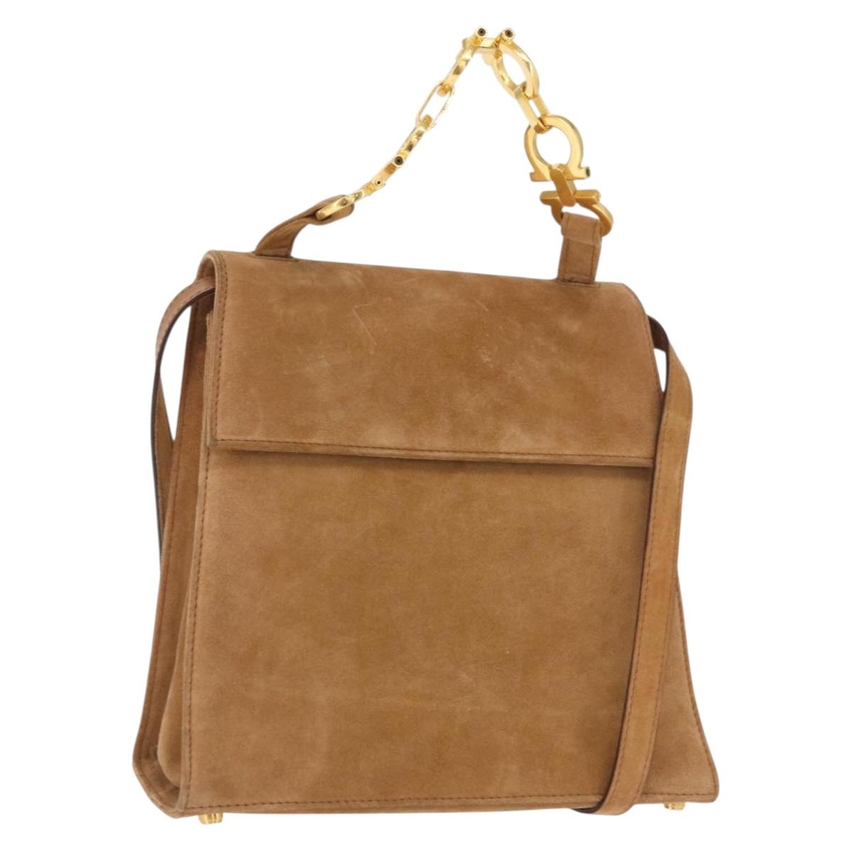 Salvatore Ferragamo Gancini Hand Bag Suede 2way Beige Gold Auth 157544