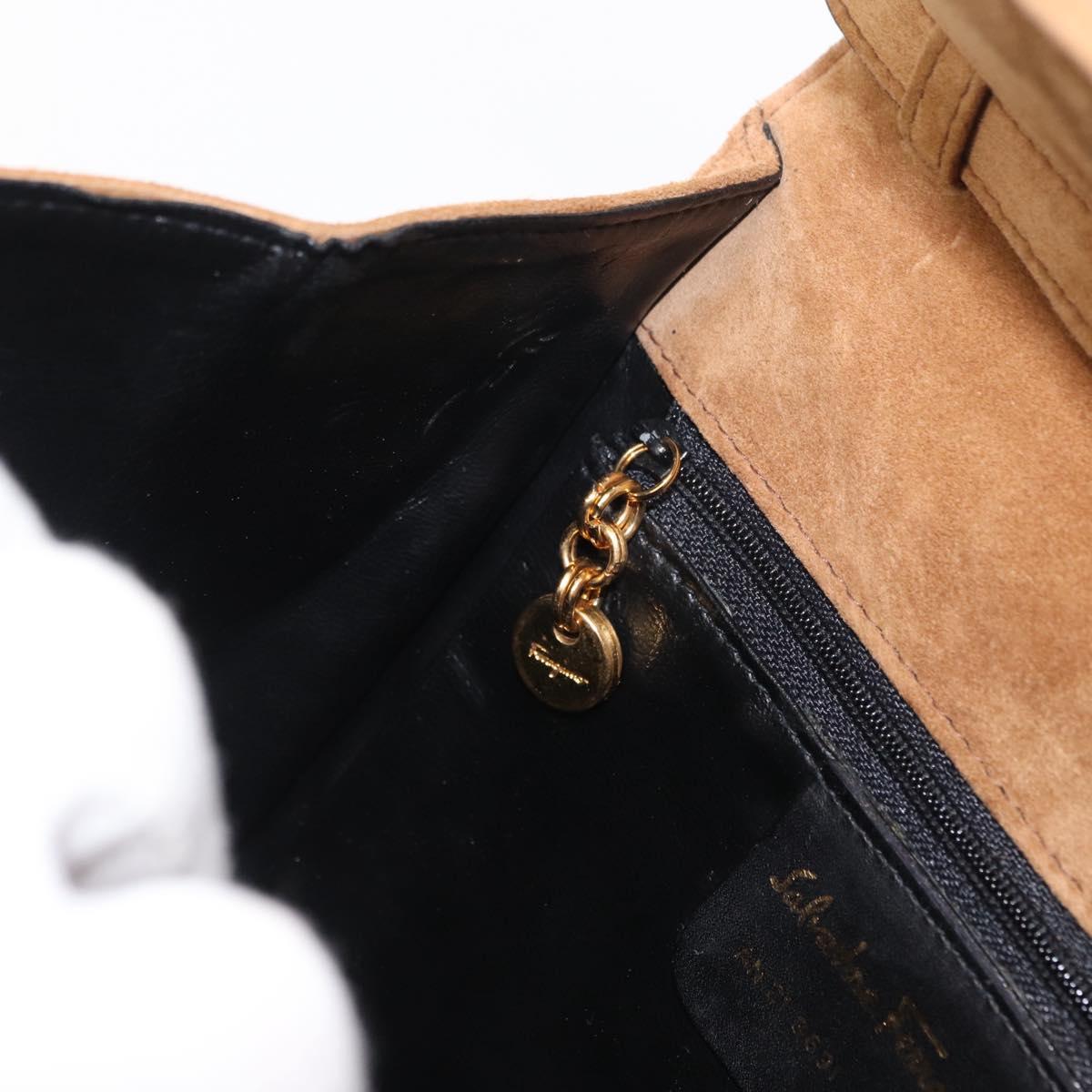 Salvatore Ferragamo Gancini Hand Bag Suede 2way Beige Gold Auth 157544