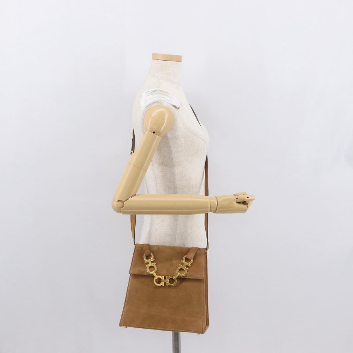 Salvatore Ferragamo Gancini Hand Bag Suede 2way Beige Gold Auth 157544
