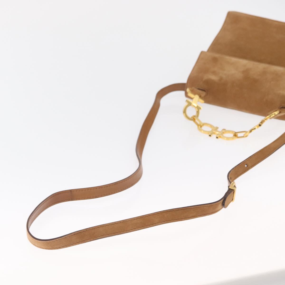 Salvatore Ferragamo Gancini Hand Bag Suede 2way Beige Gold Auth 157544