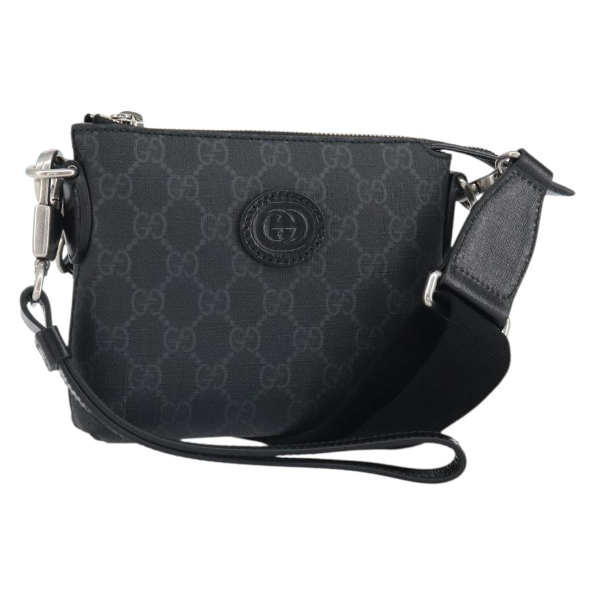 GUCCI GG Supreme Shoulder Bag PVC Black Silver Auth 157567SAV
