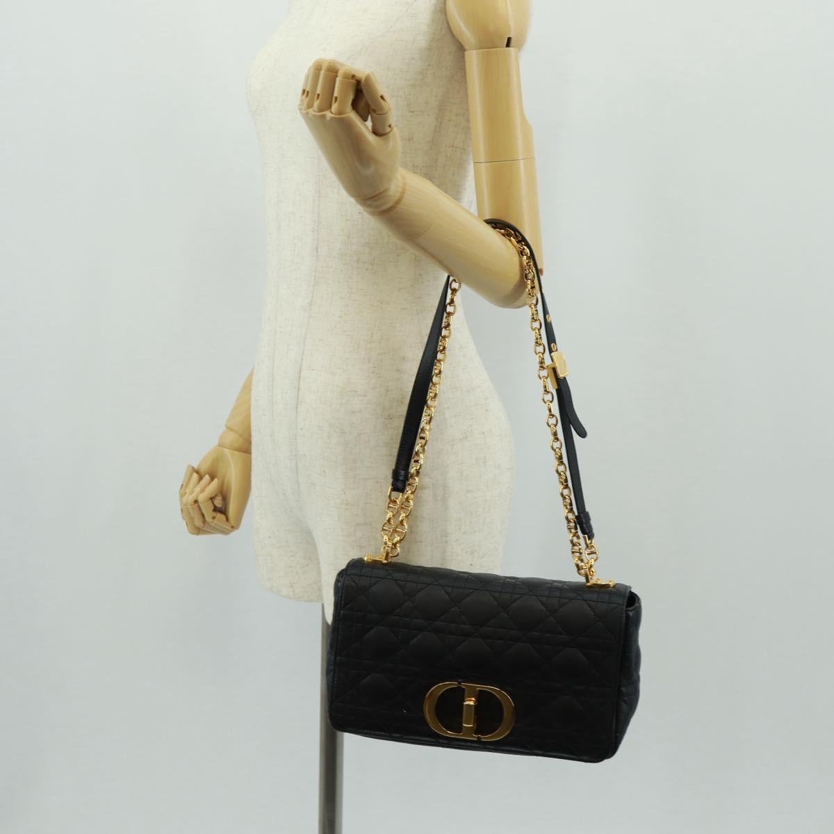 Christian Dior Caro Medium Cannage Bag Calf Skin Black Gold Auth 157570SM
