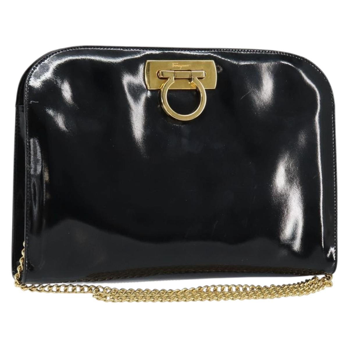 Salvatore Ferragamo Chain Gancini Shoulder Bag Enamel Black Gold Auth 157615
