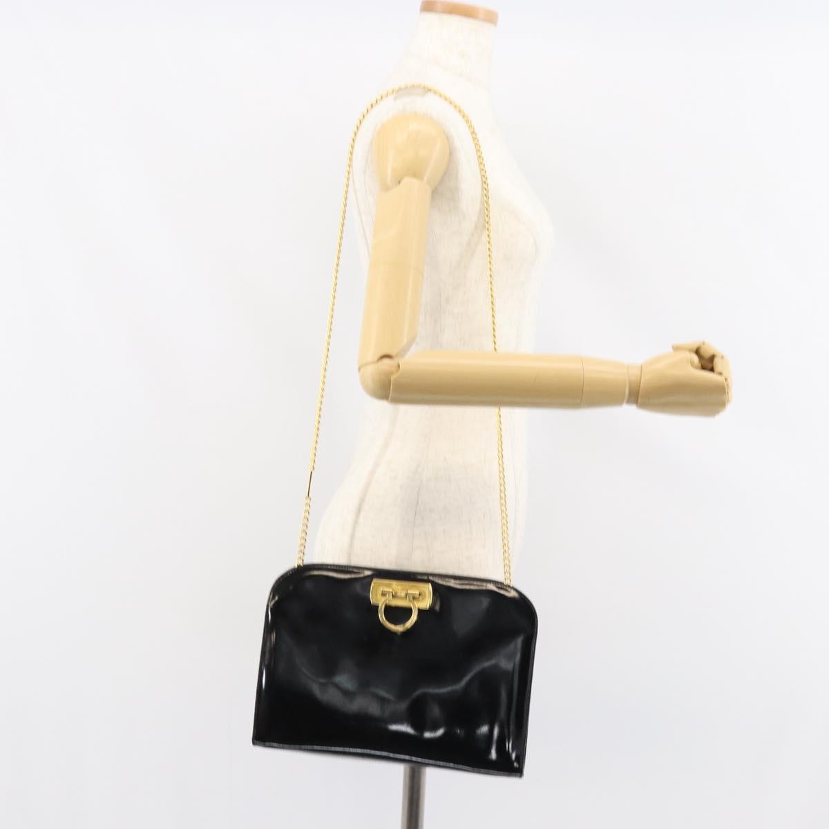 Salvatore Ferragamo Chain Gancini Shoulder Bag Enamel Black Gold Auth 157615