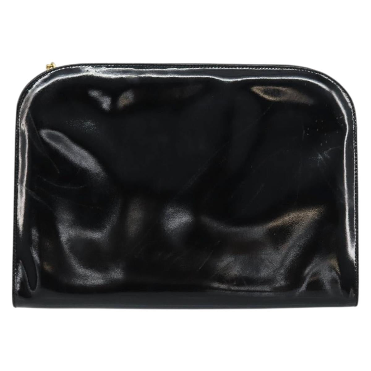 Salvatore Ferragamo Chain Gancini Shoulder Bag Enamel Black Gold Auth 157615