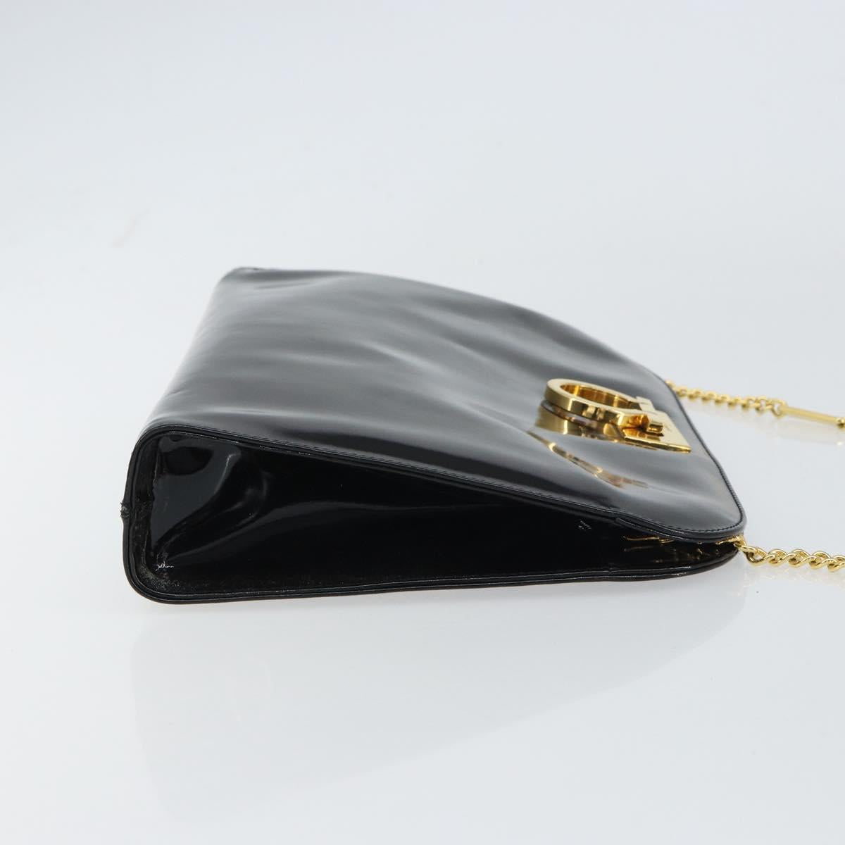 Salvatore Ferragamo Chain Gancini Shoulder Bag Enamel Black Gold Auth 157615