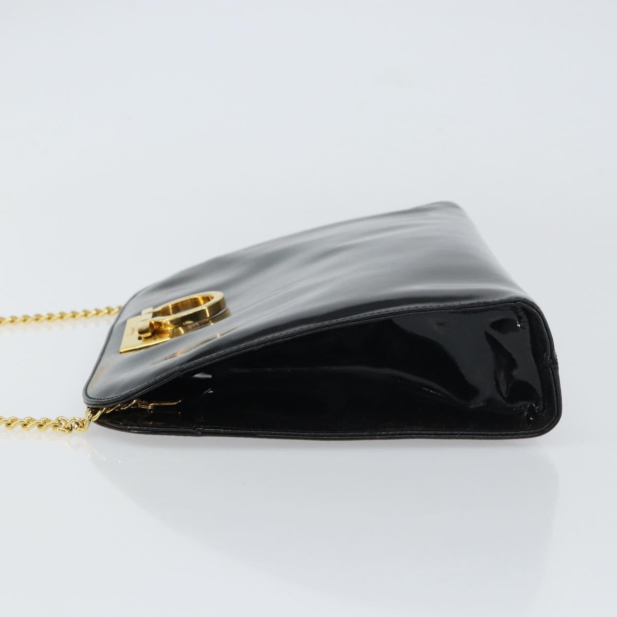Salvatore Ferragamo Chain Gancini Shoulder Bag Enamel Black Gold Auth 157615