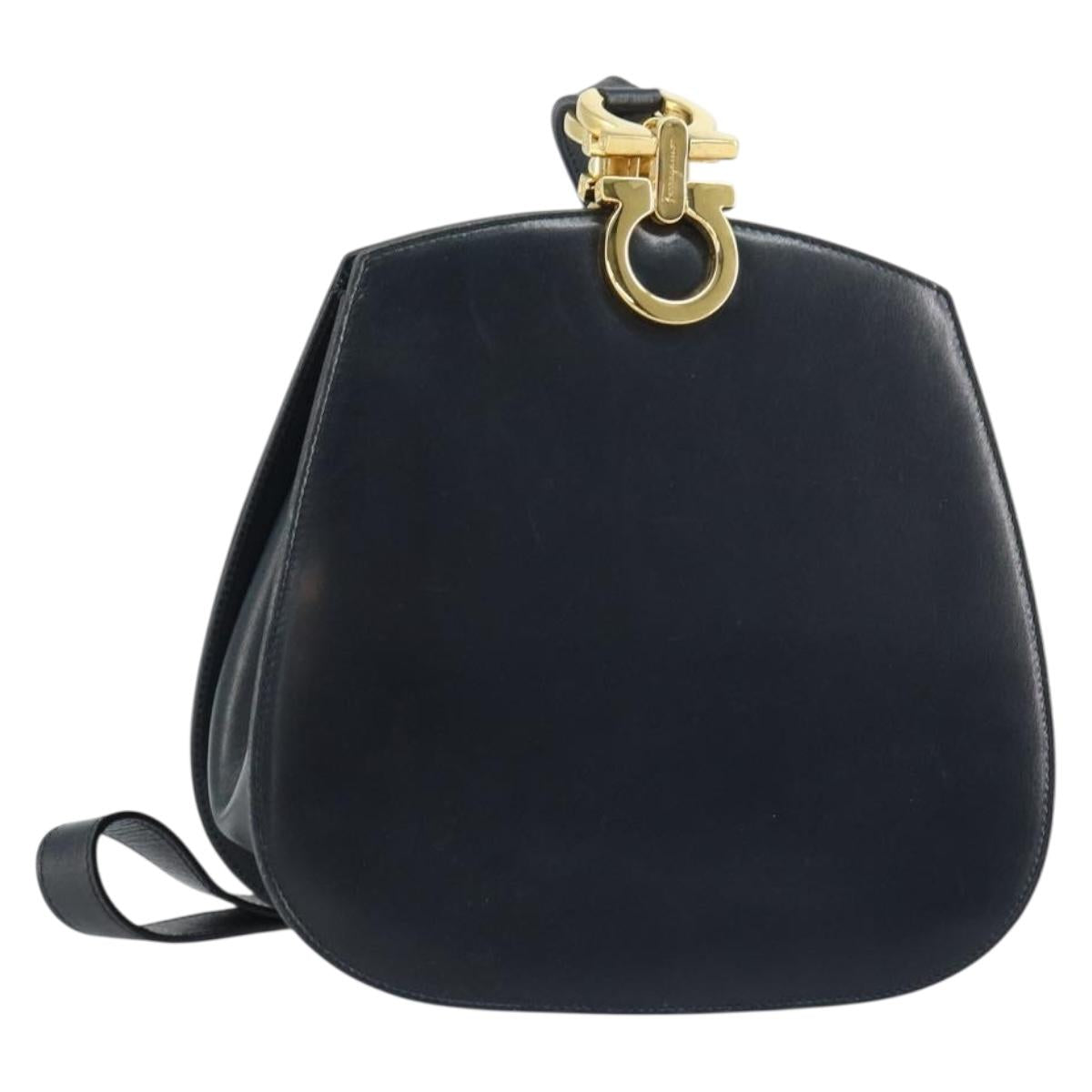 Salvatore Ferragamo Gancini Shoulder Bag Leather Navy Gold Auth 157634