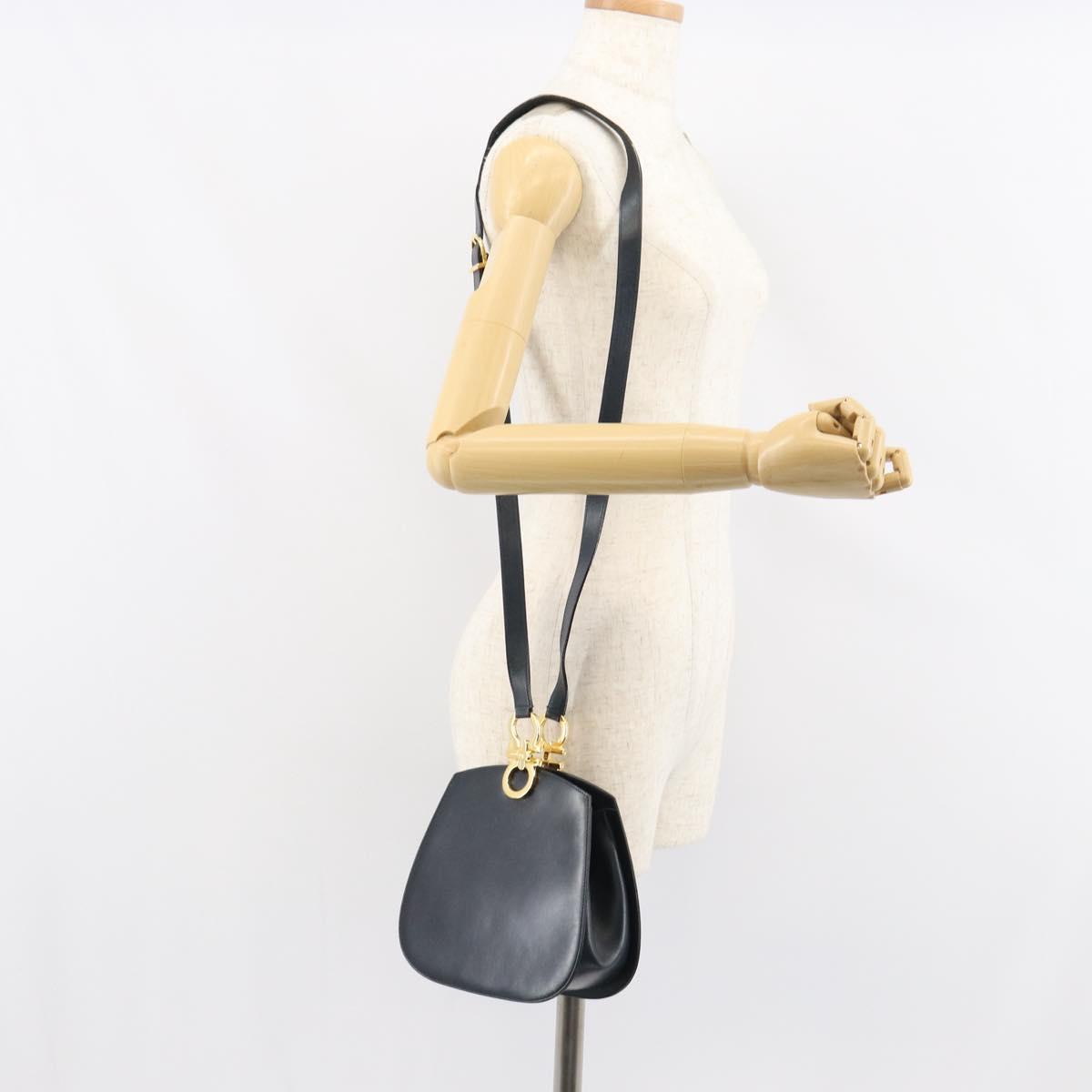 Salvatore Ferragamo Gancini Shoulder Bag Leather Navy Gold Auth 157634