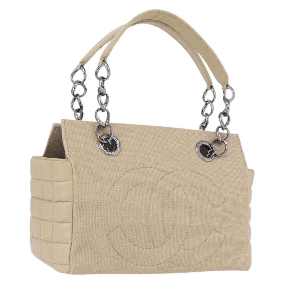CHANEL Choco Bar Hand Bag Canvas Beige Gold CC Auth 157638V