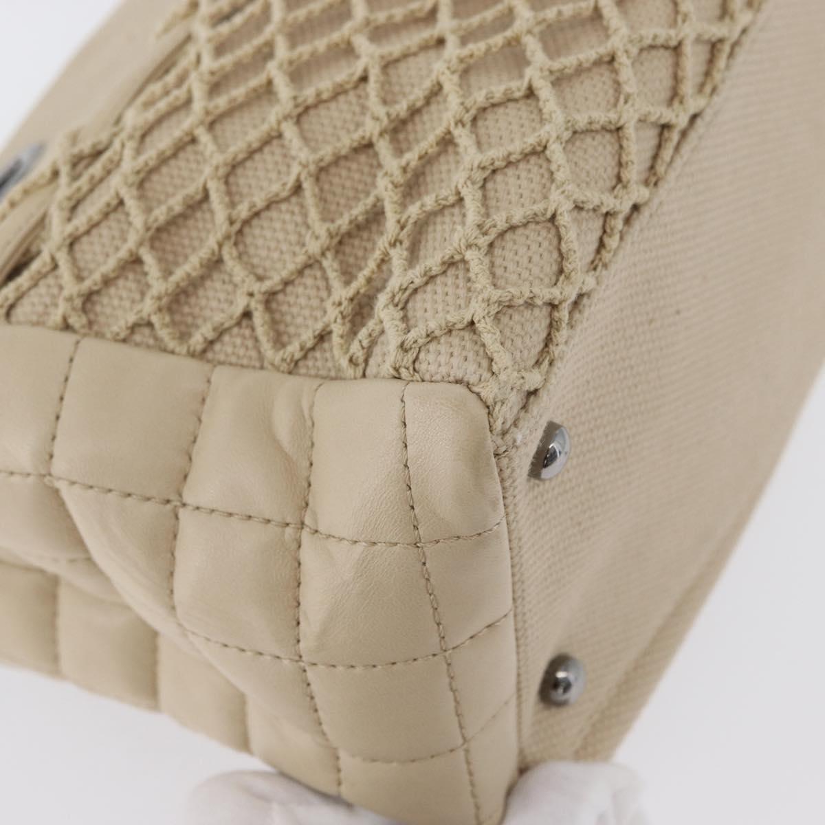 CHANEL Choco Bar Hand Bag Canvas Beige Gold CC Auth 157638V