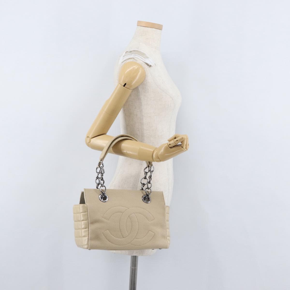 CHANEL Choco Bar Hand Bag Canvas Beige Gold CC Auth 157638V