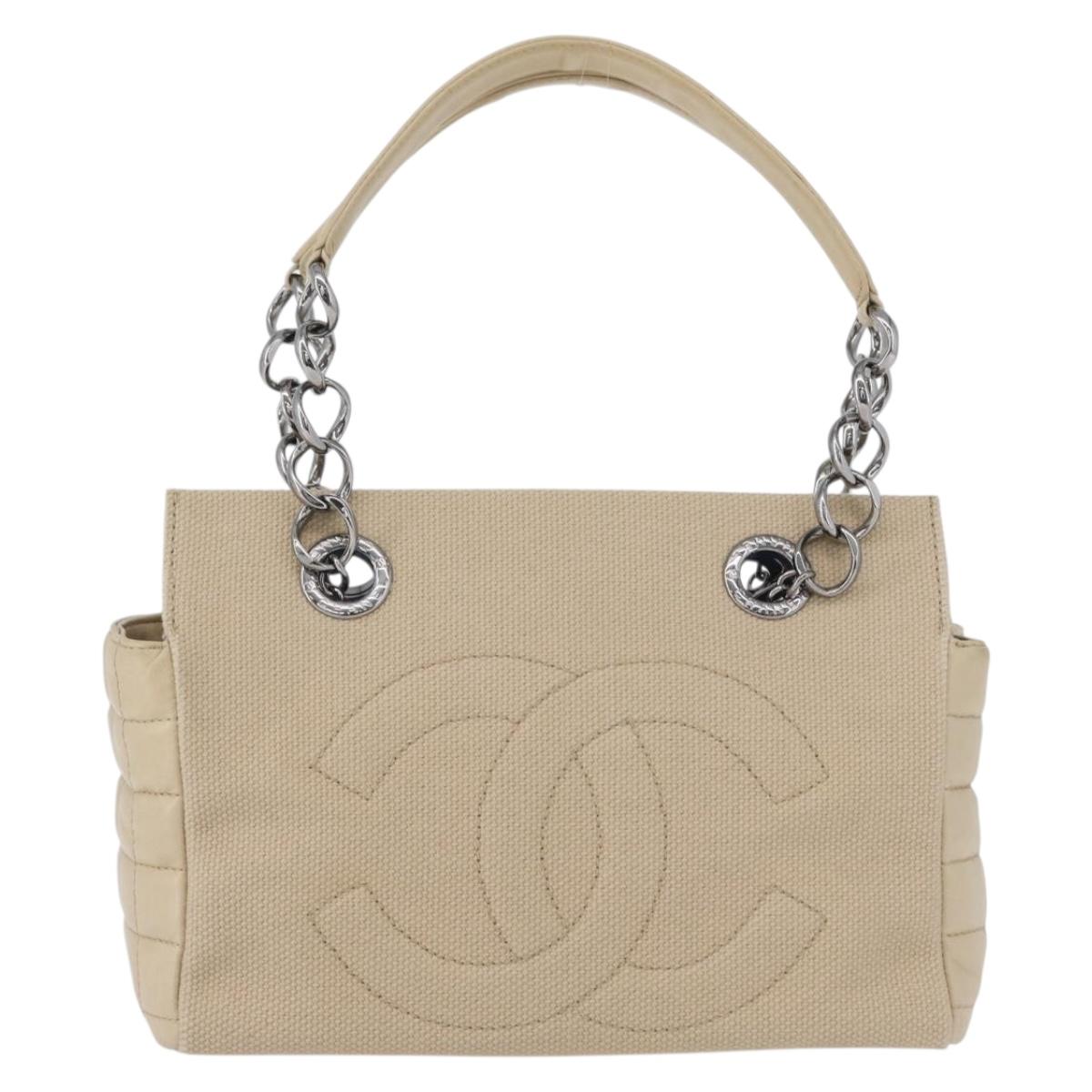 CHANEL Choco Bar Hand Bag Canvas Beige Gold CC Auth 157638V