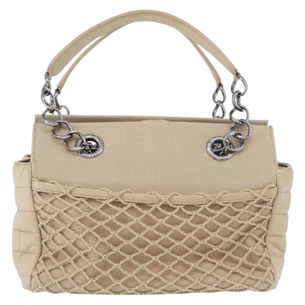 CHANEL Choco Bar Hand Bag Canvas Beige Gold CC Auth 157638V