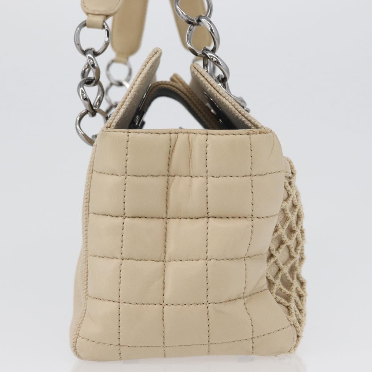 CHANEL Choco Bar Hand Bag Canvas Beige Gold CC Auth 157638V