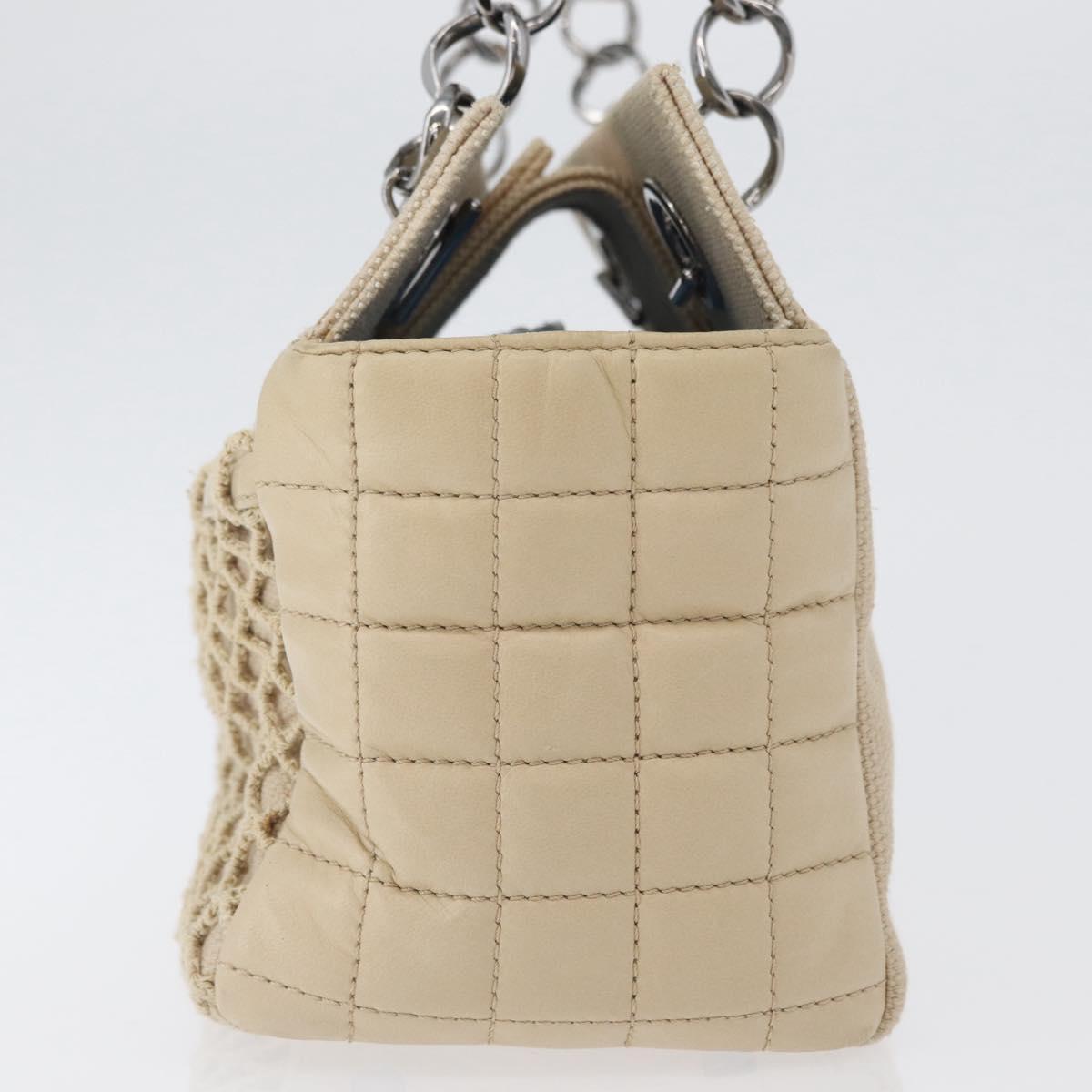 CHANEL Choco Bar Hand Bag Canvas Beige Gold CC Auth 157638V