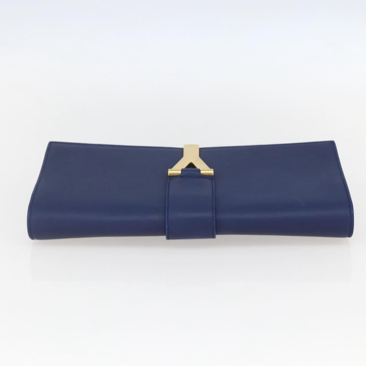 SAINT LAURENT Y line Clutch Bag Leather Blue Gold Auth 157641V
