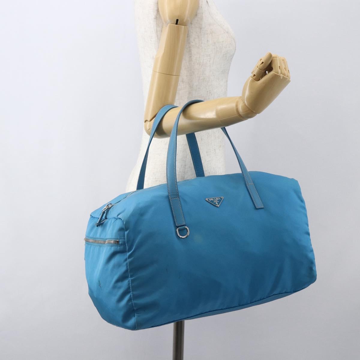 PRADA Boston Bag Nylon Blue Silver Auth 157666