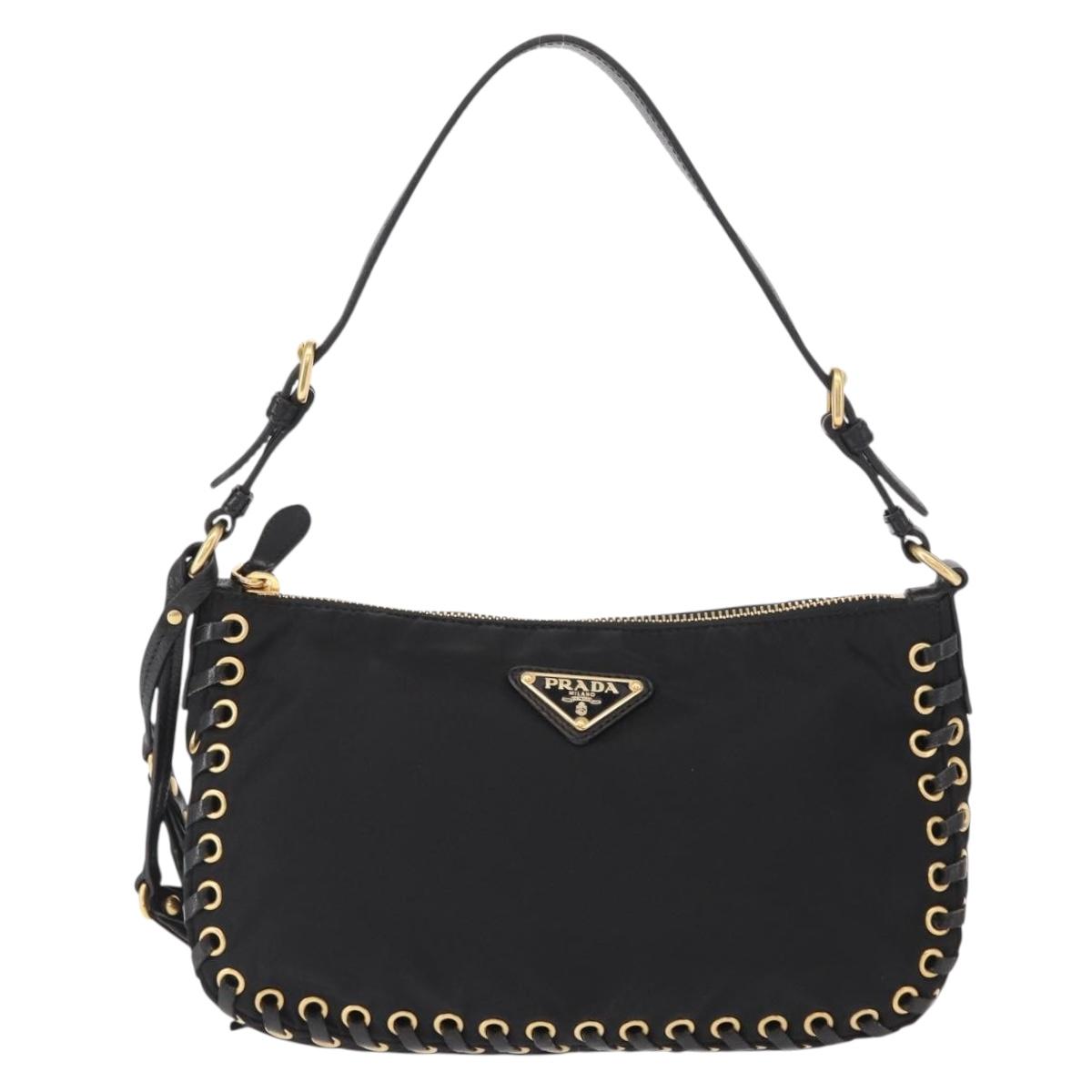 PRADA Shoulder Bag Nylon Black Gold Auth 157682V