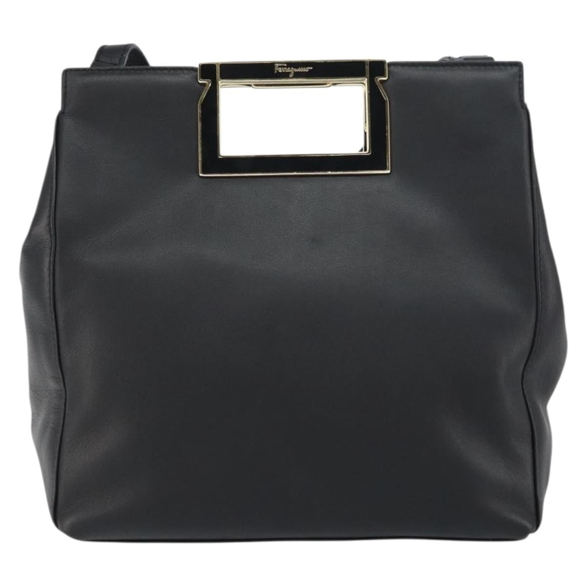 Salvatore Ferragamo Gancini Hand Bag Leather 2way Black Gold Auth 157683