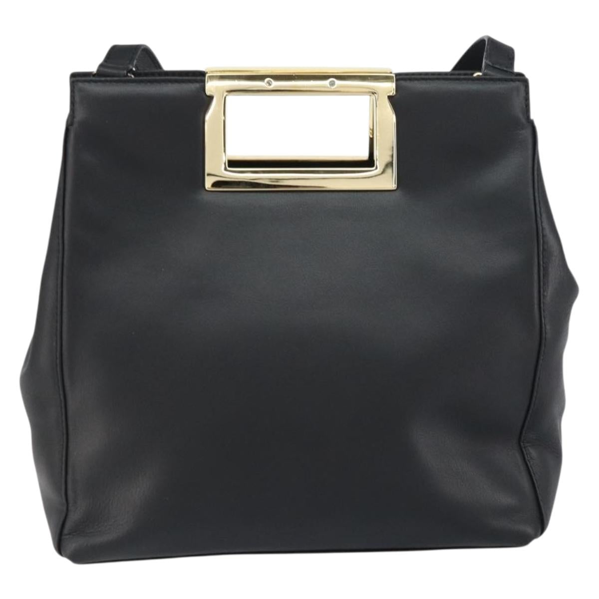 Salvatore Ferragamo Gancini Hand Bag Leather 2way Black Gold Auth 157683