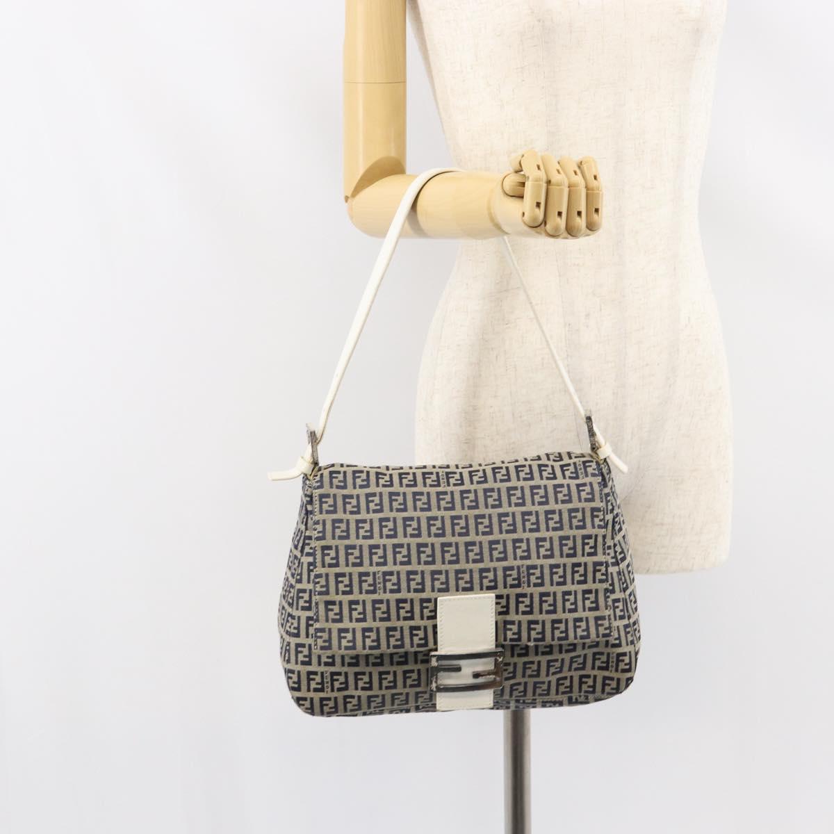 FENDI Zucchino Canvas Mamma Baguette Shoulder Bag Navy Silver Auth 157684
