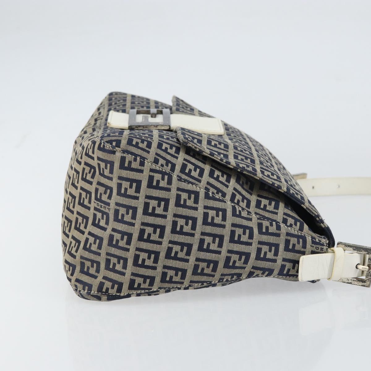 FENDI Zucchino Canvas Mamma Baguette Shoulder Bag Navy Silver Auth 157684