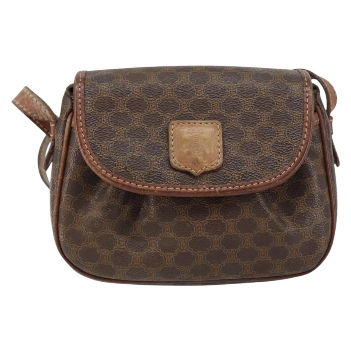 CELINE Macadam Canvas Shoulder Bag PVC Leather Brown Gold Auth 157688