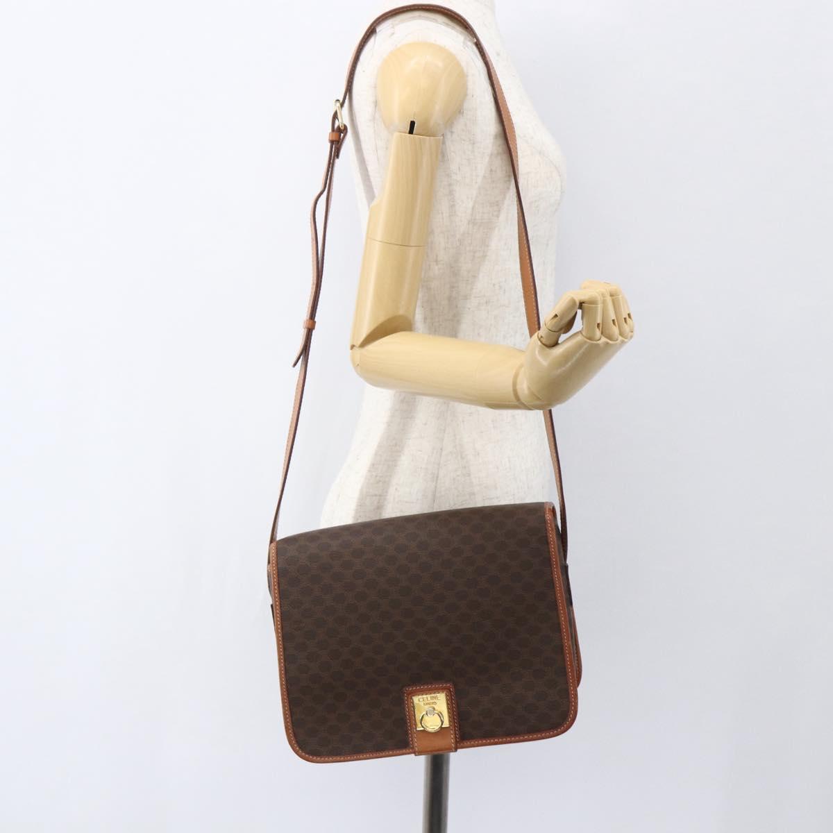 CELINE Macadam Canvas Shoulder Bag PVC Leather Brown Gold Auth 157767