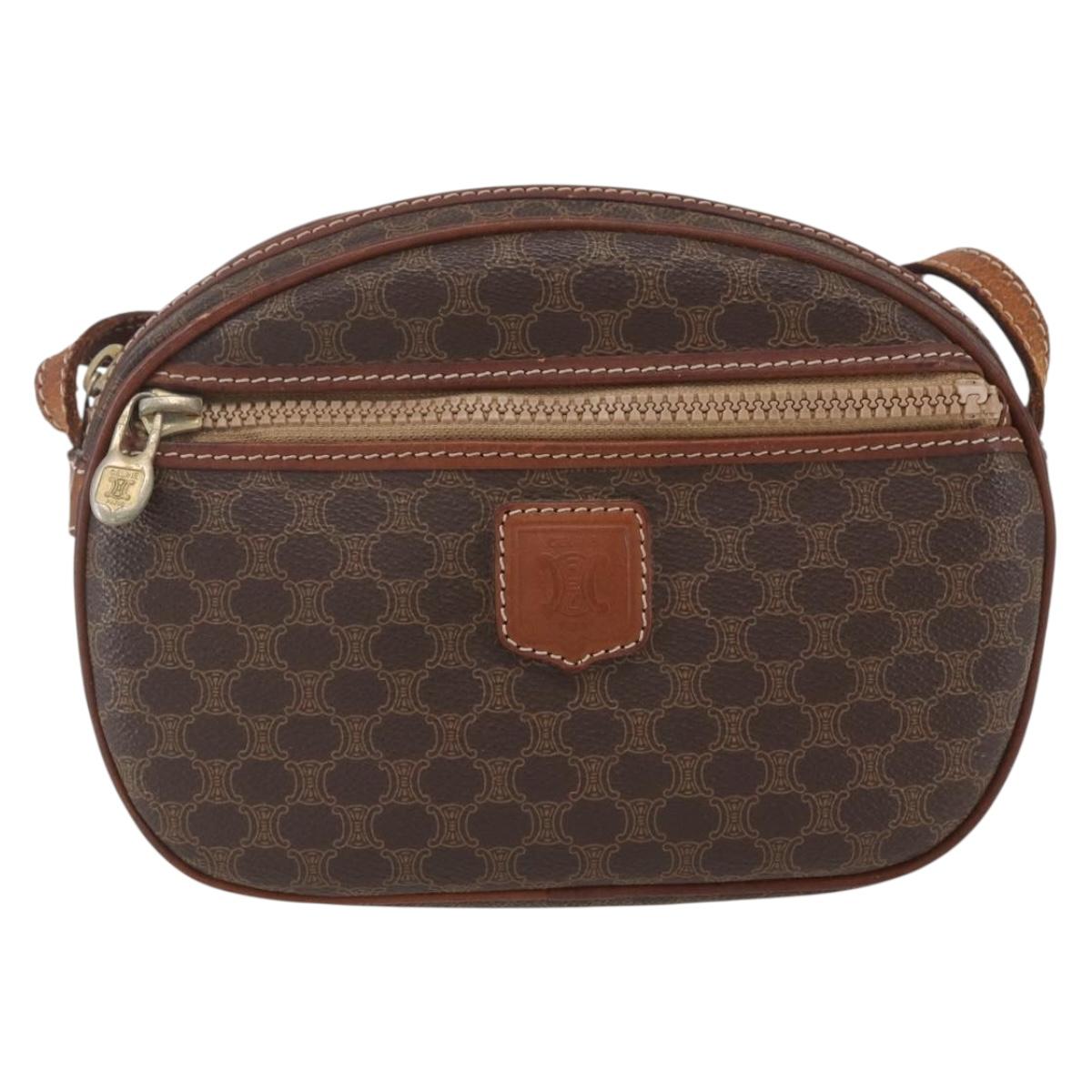 CELINE Macadam Canvas Shoulder Bag PVC Leather Brown Gold Auth 157768