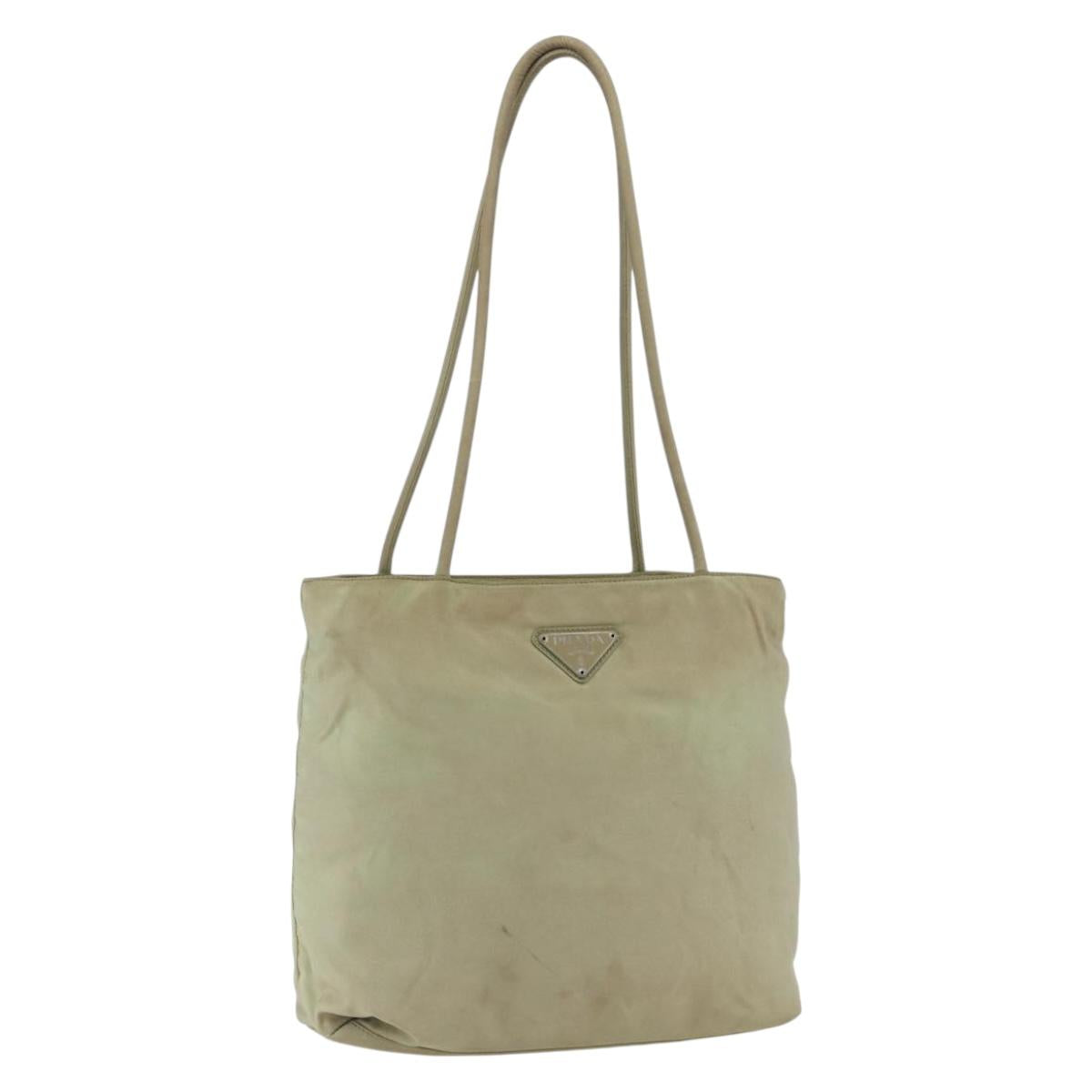 PRADA Tote Bag Nylon Beige Silver Auth 157778