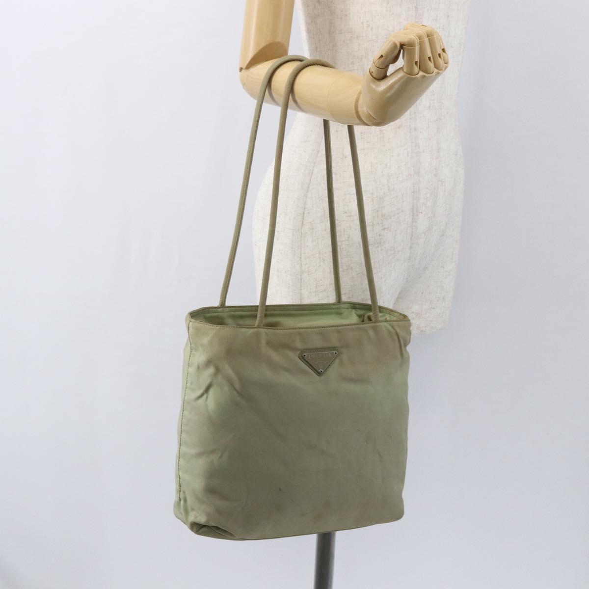 PRADA Tote Bag Nylon Beige Silver Auth 157778