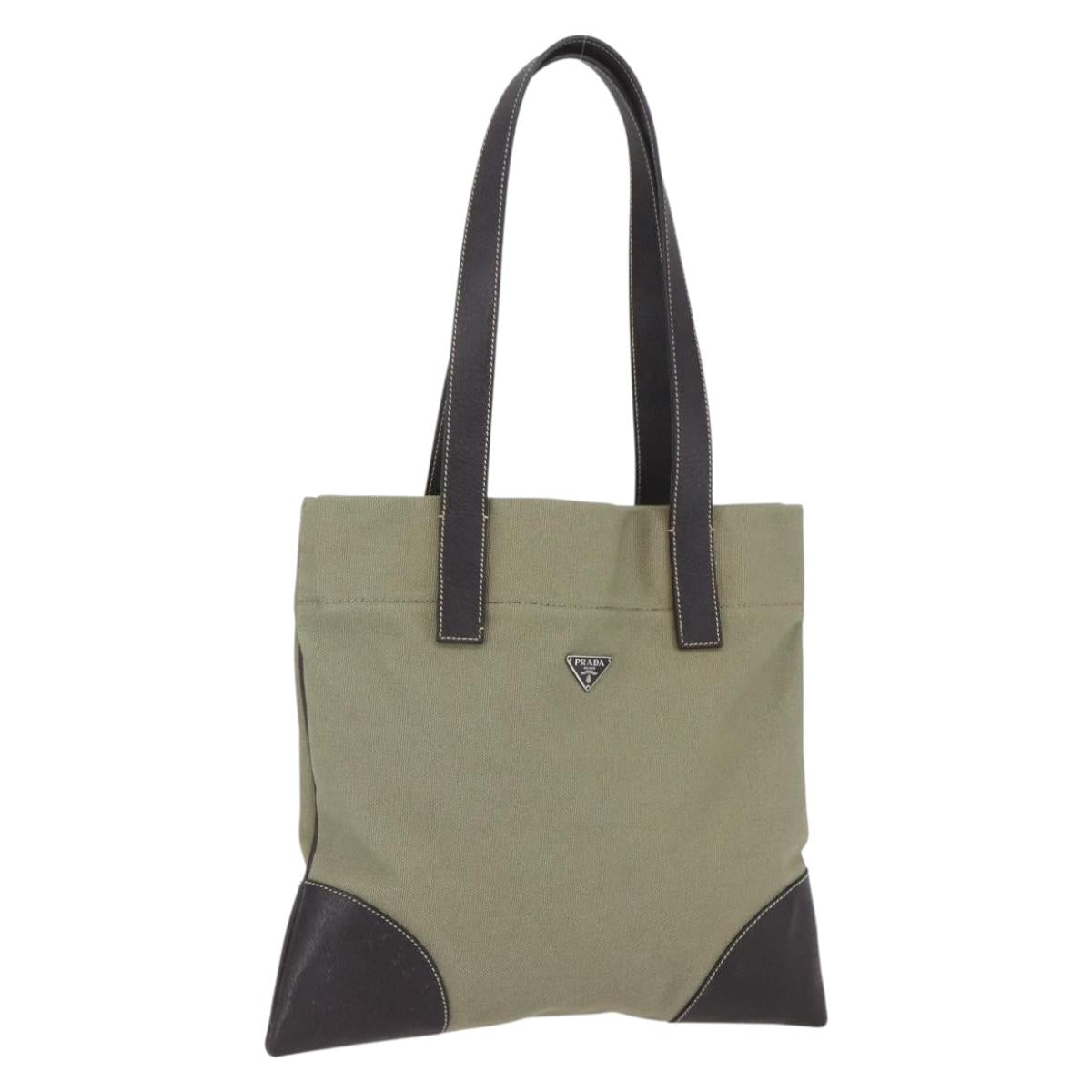 PRADA Tote Bag Canvas Khaki Silver Auth 157785
