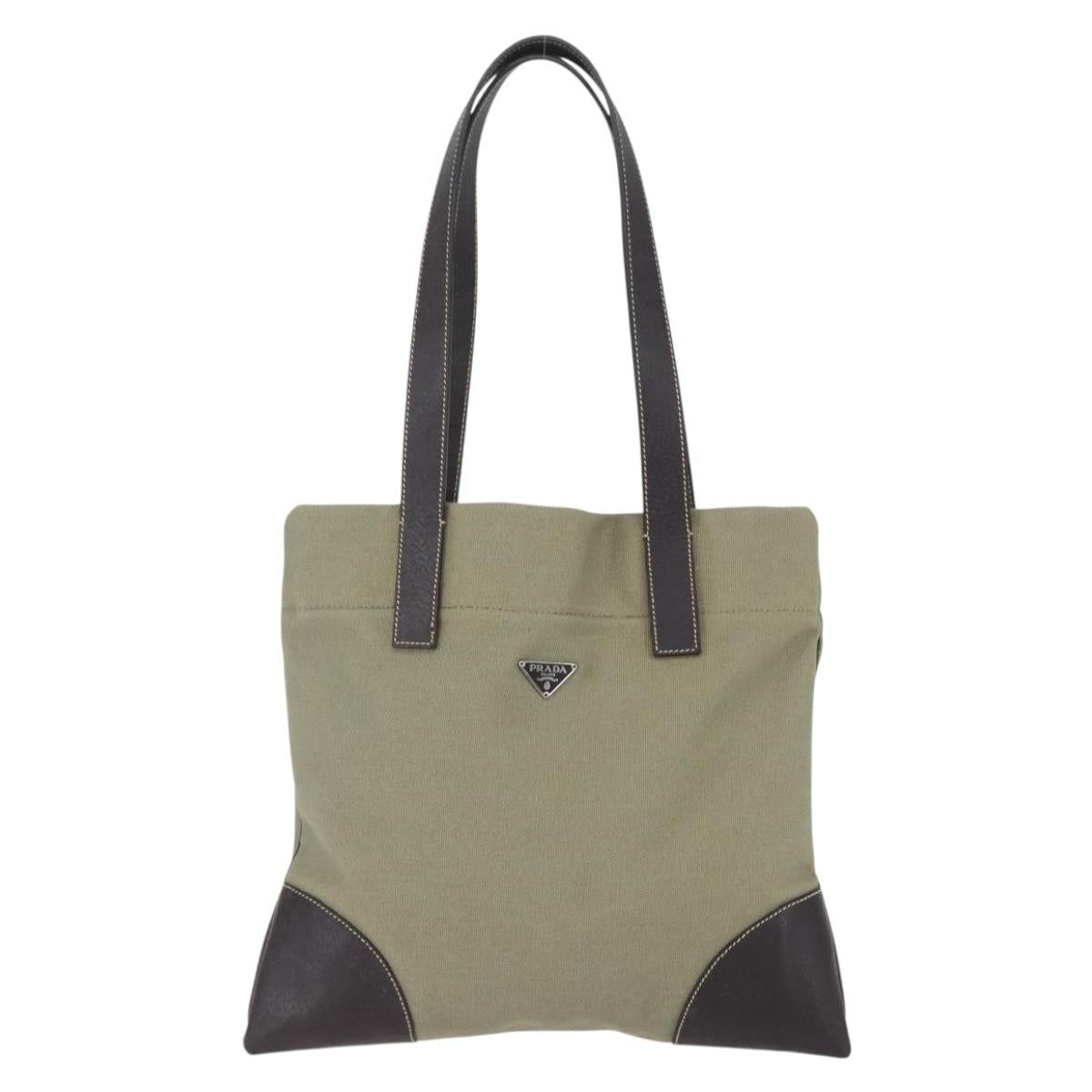 PRADA Tote Bag Canvas Khaki Silver Auth 157785