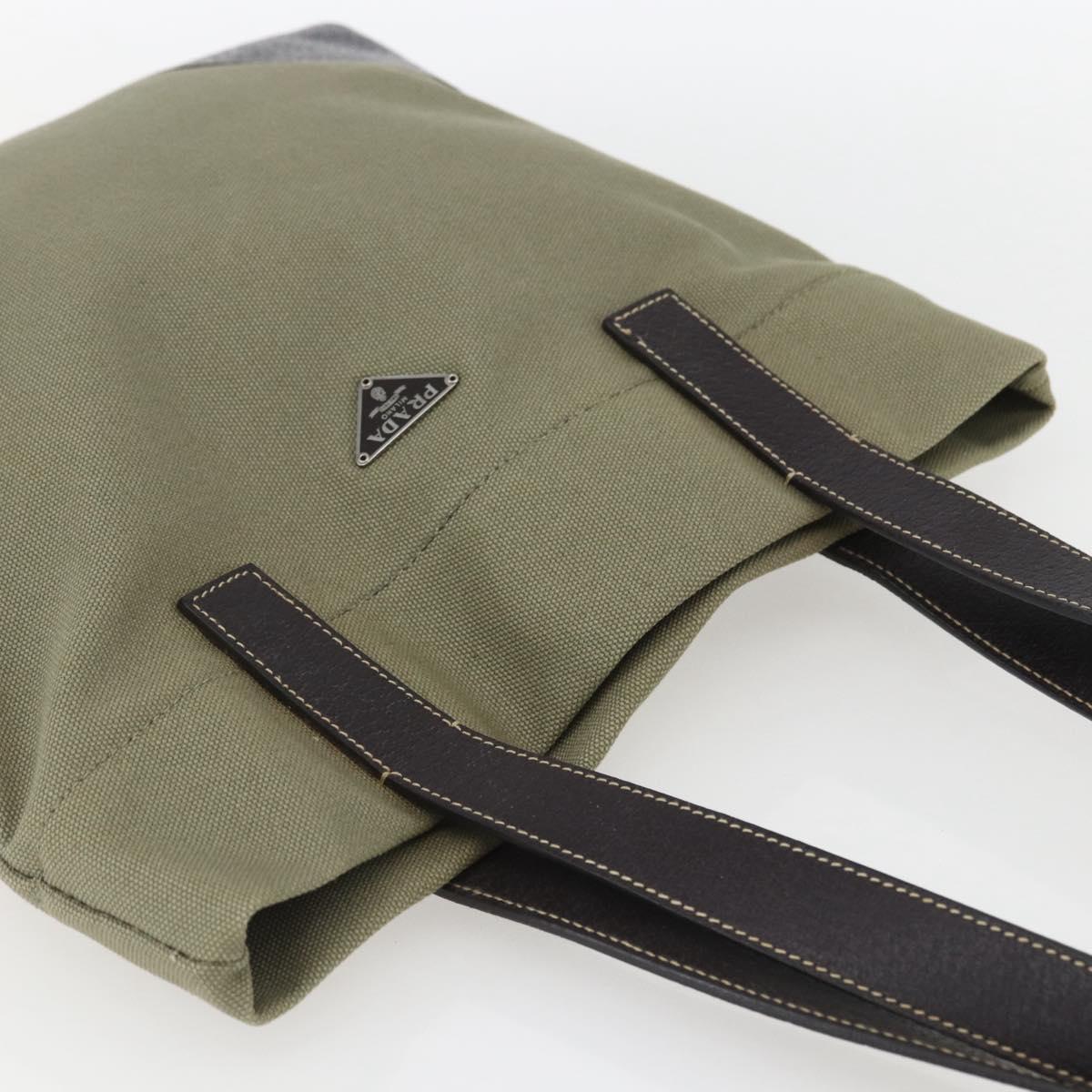 PRADA Tote Bag Canvas Khaki Silver Auth 157785