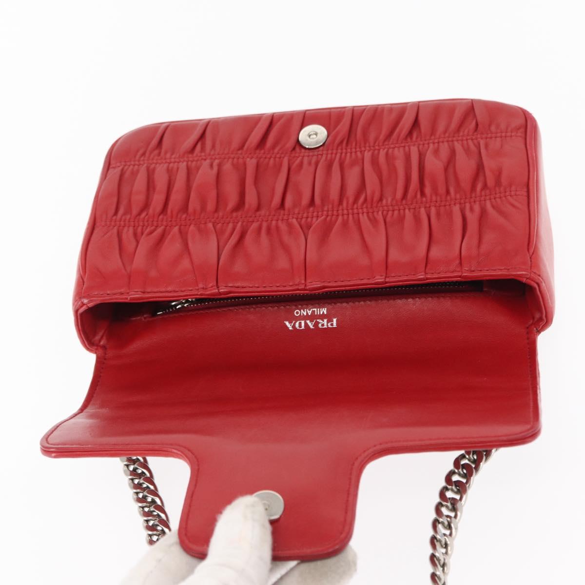 PRADA Chain Nappa Goful Shoulder Bag Leather Red Silver Auth 157786