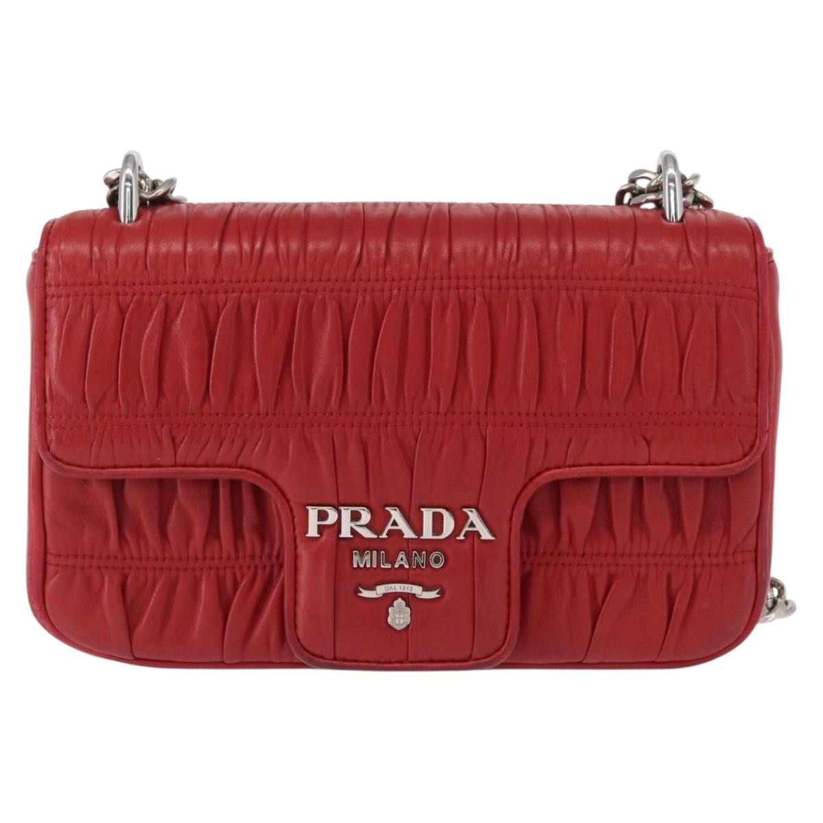 PRADA Chain Nappa Goful Shoulder Bag Leather Red Silver Auth 157786