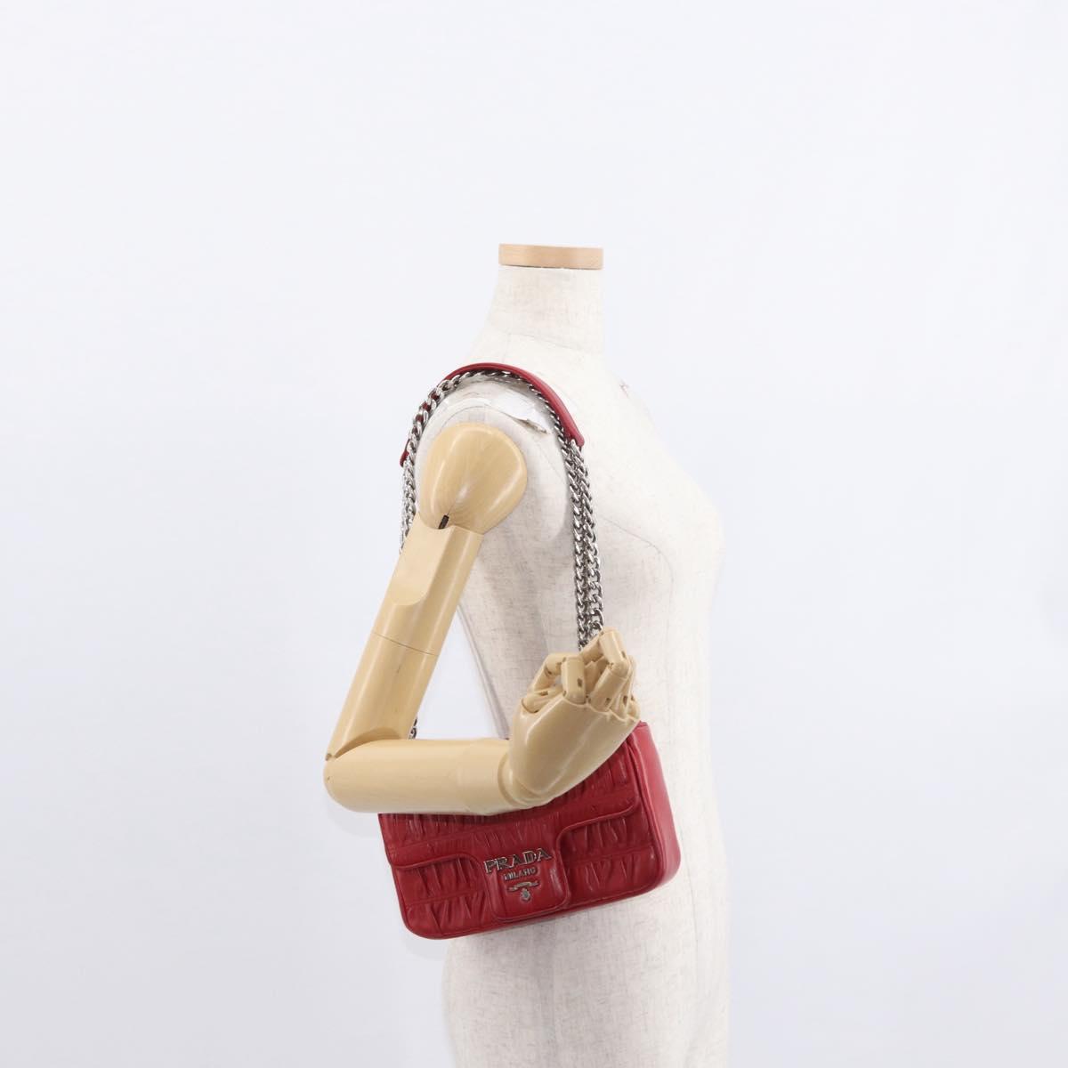 PRADA Chain Nappa Goful Shoulder Bag Leather Red Silver Auth 157786