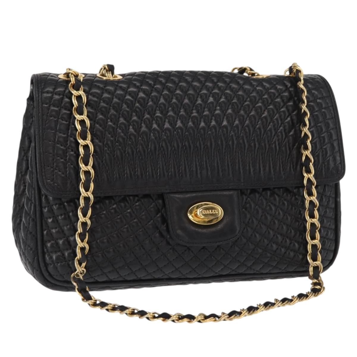 BALLY Chain Shoulder Bag Leather Black Gold Auth 157788