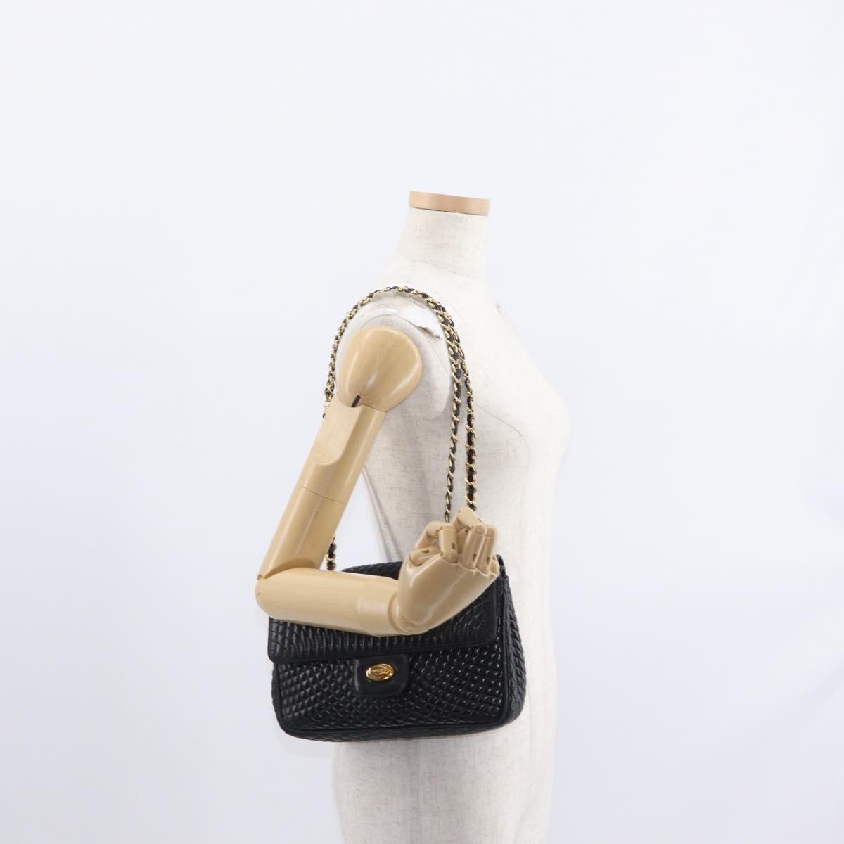 BALLY Chain Shoulder Bag Leather Black Gold Auth 157788