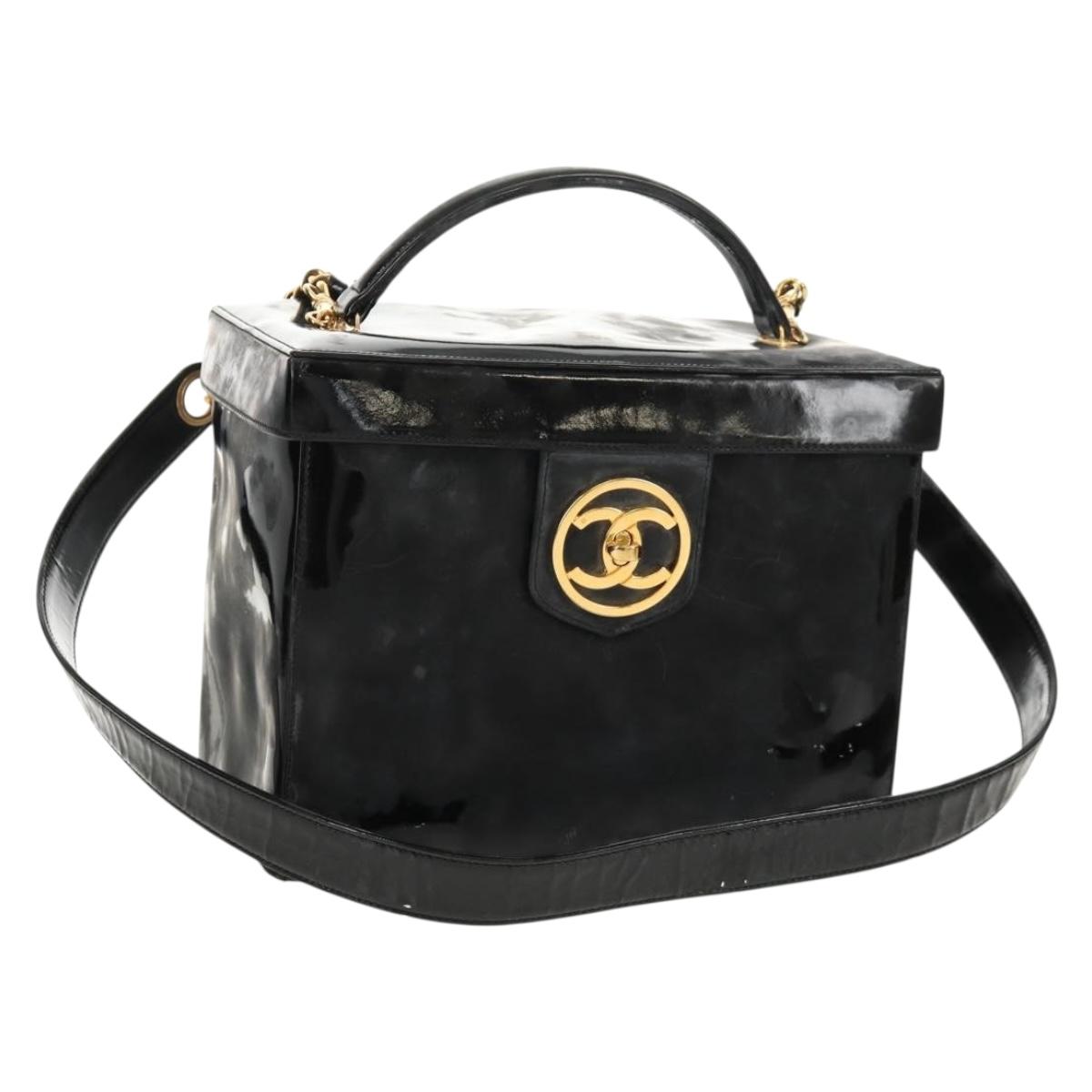 CHANEL Vanity Hand Bag Patent leather 2way Black Gold CC Auth 157791