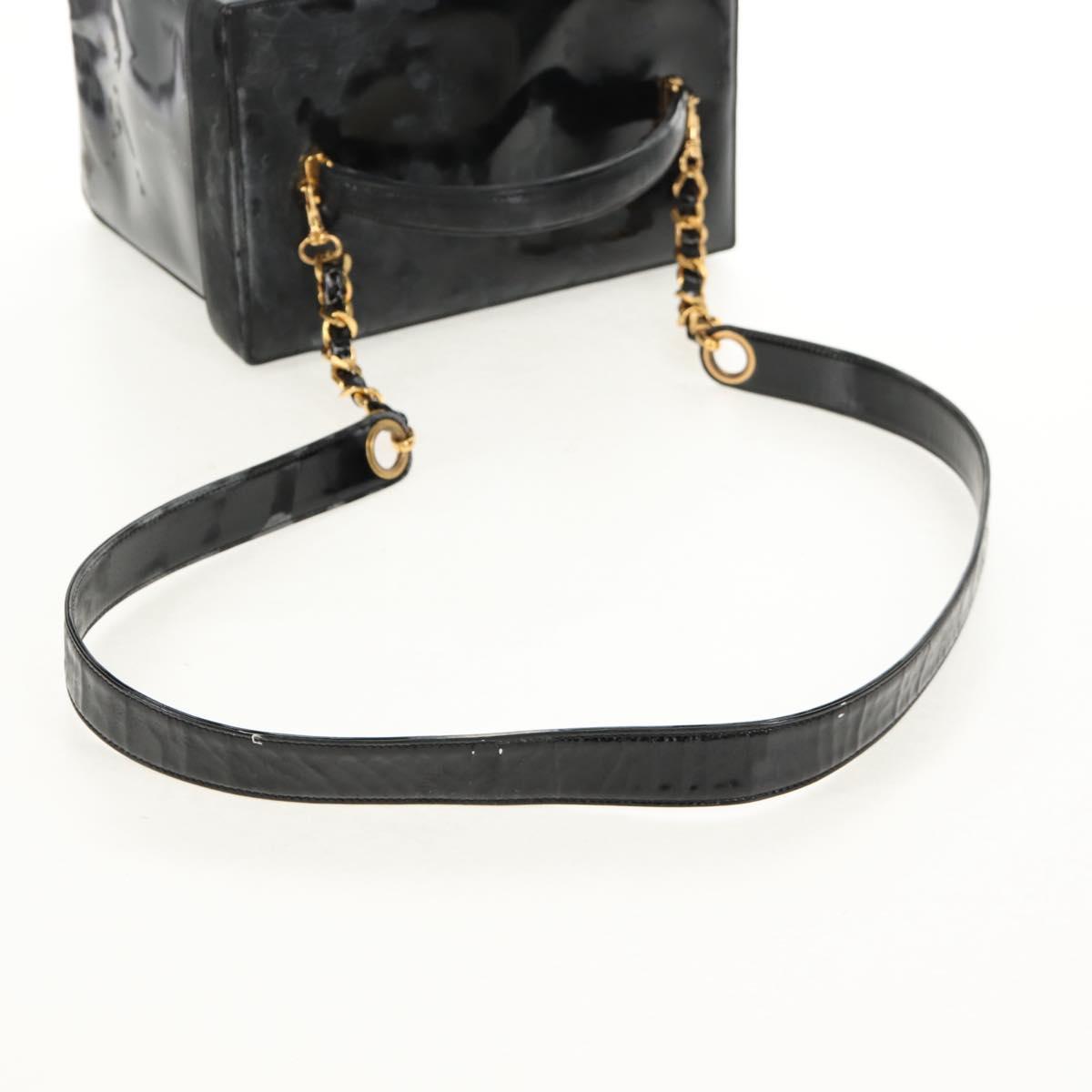 CHANEL Vanity Hand Bag Patent leather 2way Black Gold CC Auth 157791