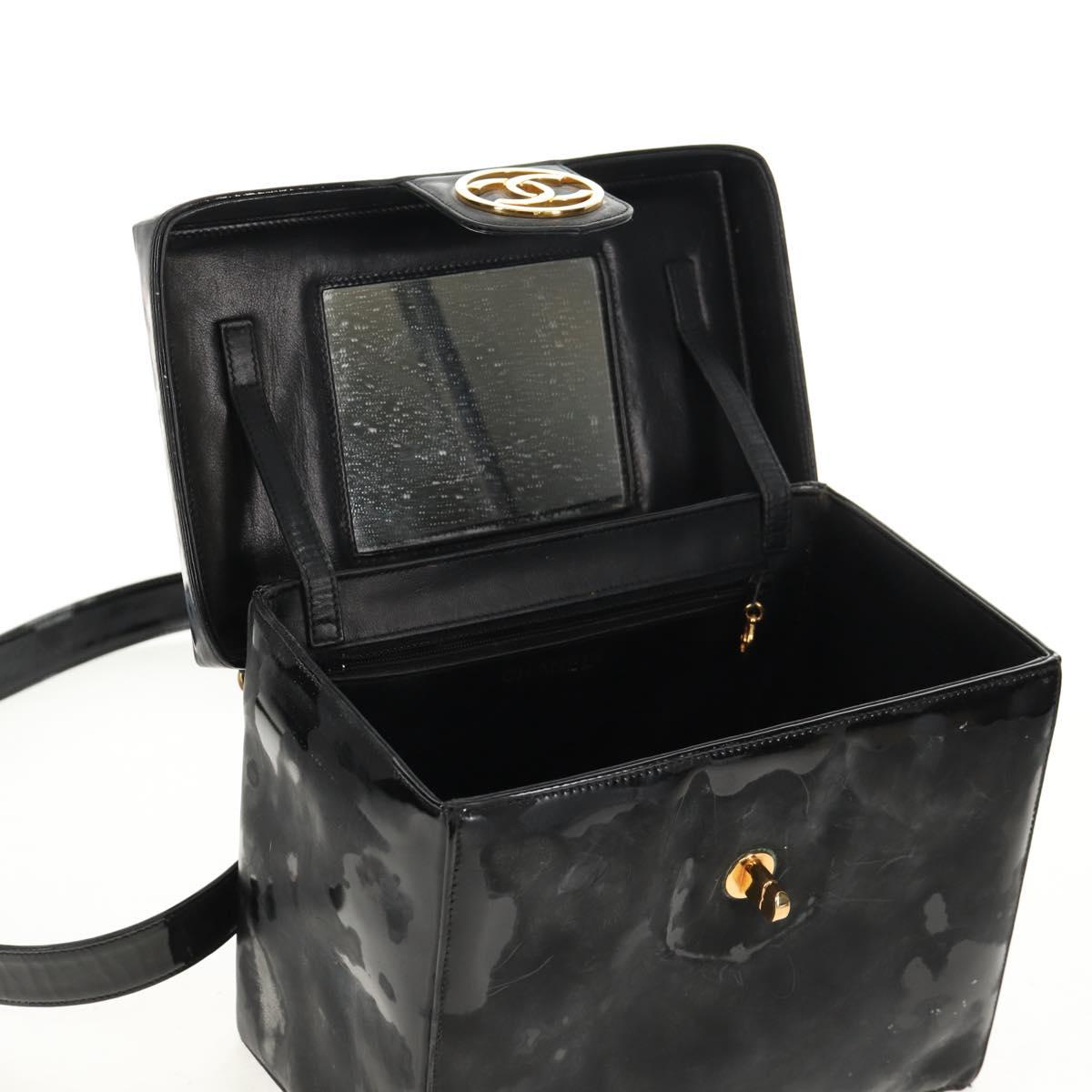 CHANEL Vanity Hand Bag Patent leather 2way Black Gold CC Auth 157791