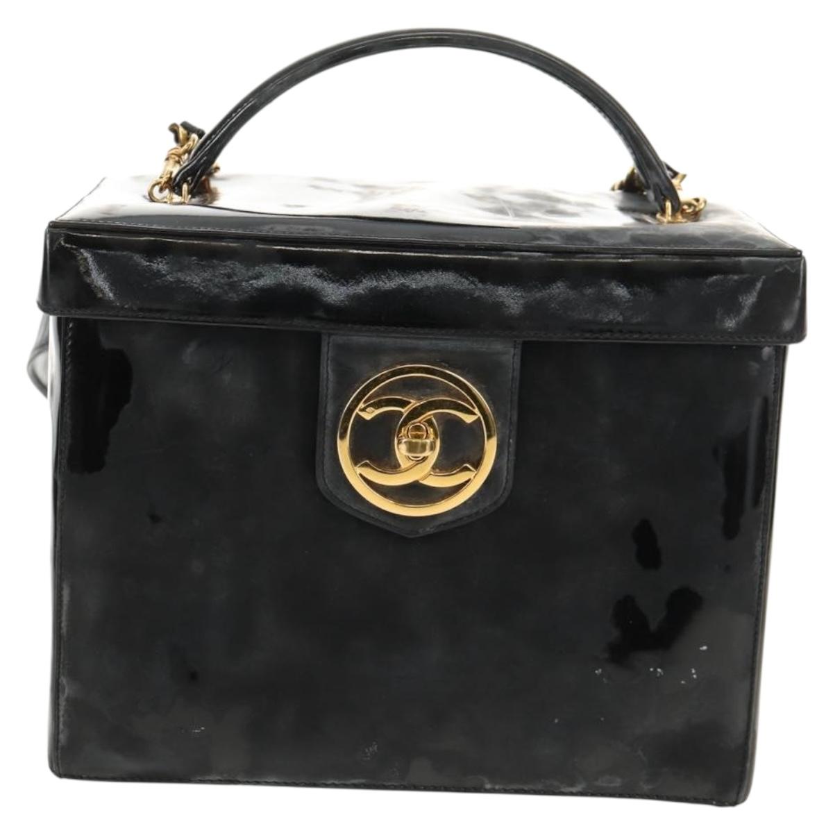 CHANEL Vanity Hand Bag Patent leather 2way Black Gold CC Auth 157791